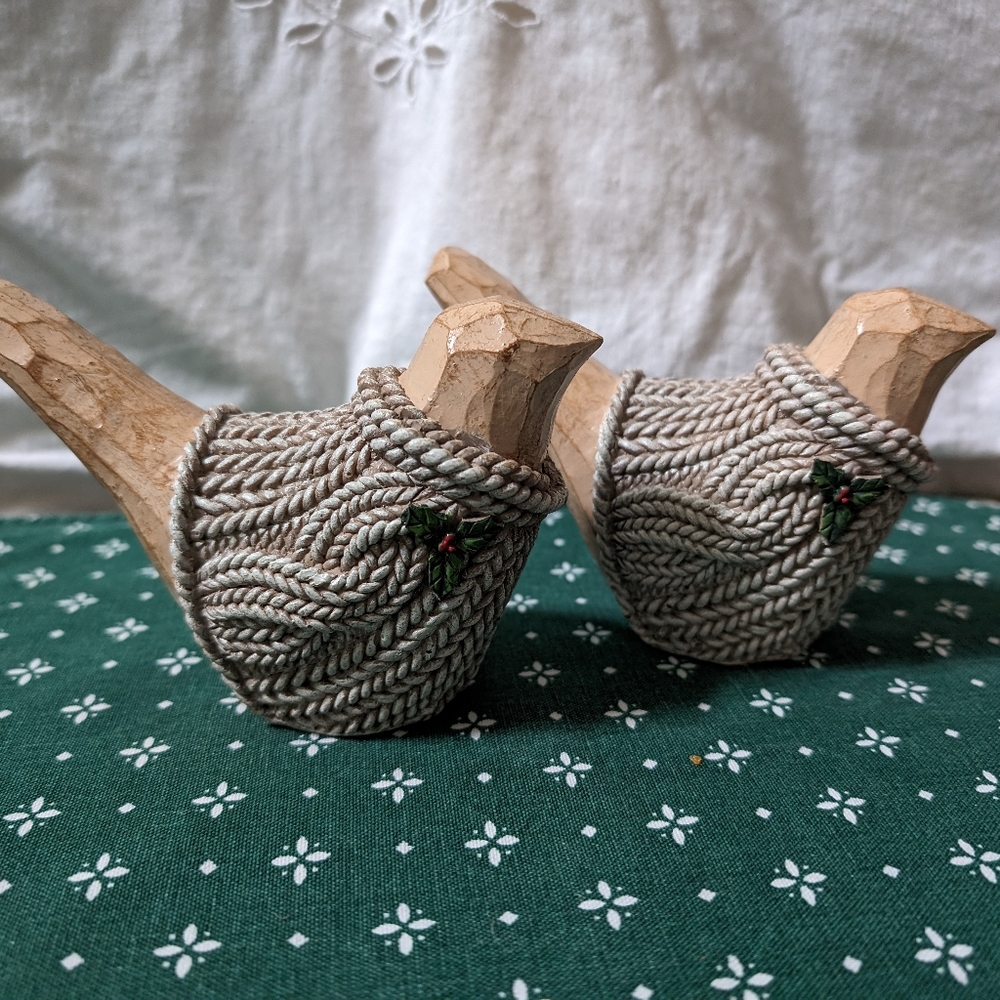 Pair of Resin Birds Wearing Sweaters